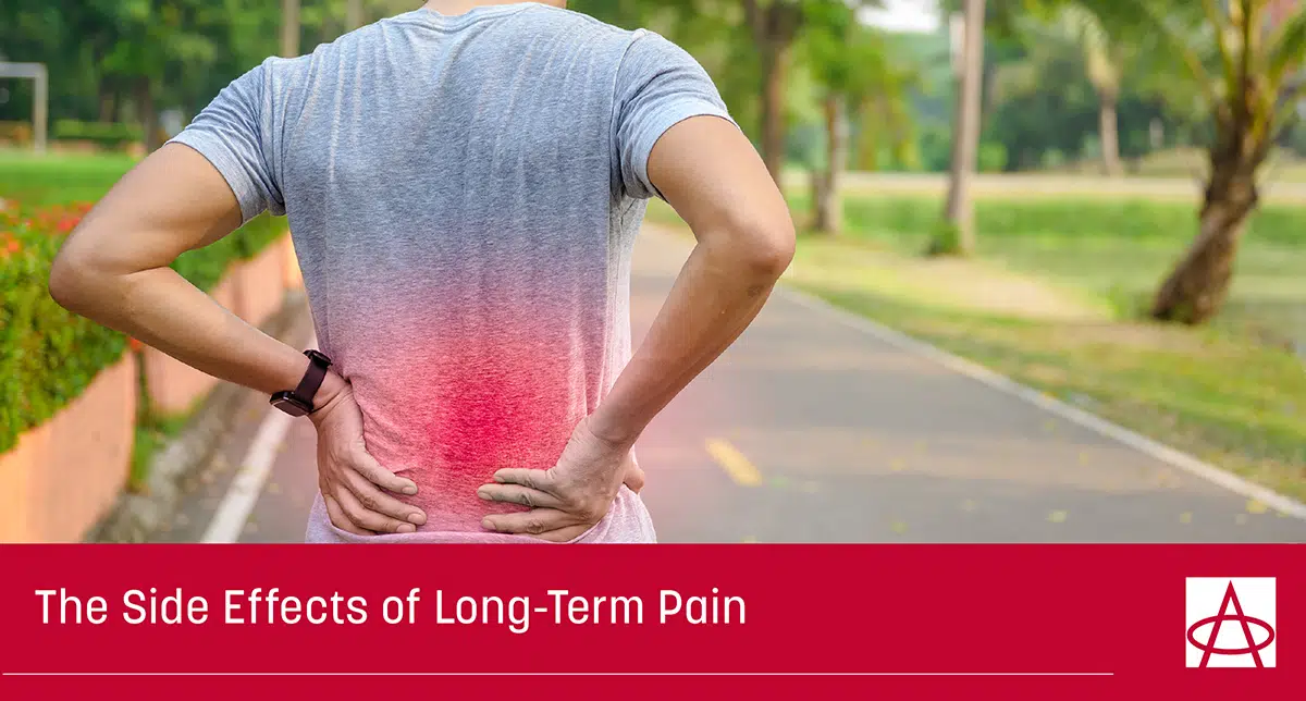 header image for blog a man in a grey shirt grabs his lower back with both hands due to pain a caption reads The Side Effects of Long Term Pain