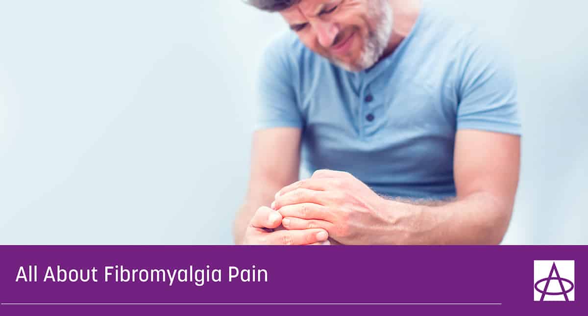 header image for blog a man holds his knee with both hands and has a pained expression on his face the caption reads All About Fibromyalgia Pain