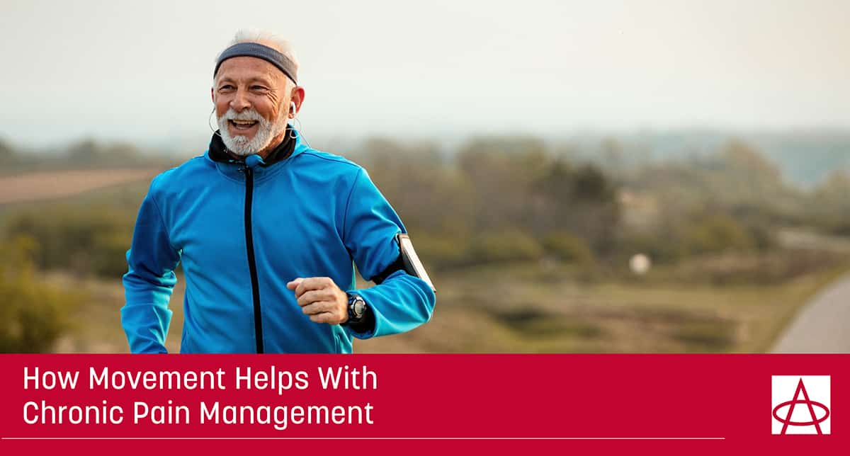 header image for blog an man in his late 50s is jogging outdoors he's wearing a blue sweater and has earbuds on the caption says how movement helps with chronic pain management