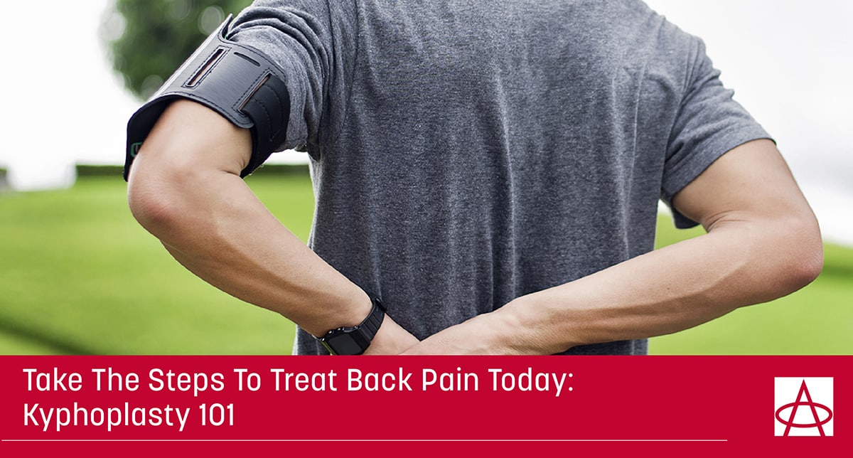 this is the header image for the blog it shows a man in a grey shirt holding his back because of pain a caption reads take the steps to treat back pain today