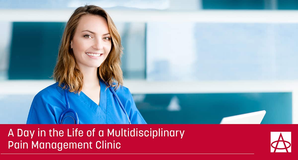 header image for blog a woman in blue scrubs attends the front desk of a clinic a caption reads a day in the life of a multidisciplinary pain management clinic