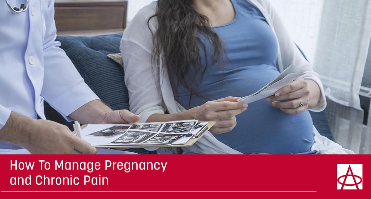 header image for blog A pregnant woman sits and reviews chart images with her doctor a caption reads How To Manage Pregnancy and Chronic Pain