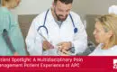 a female patient is seen at a multidisciplinary pain management clinic by a doctor in a white coat the caption reads Patient Spotlight: A Multidisciplinary Pain Management Patient Experience at APC