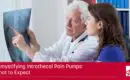 A doctor is reviewing an X-ray image with his patient and discussing the benefits of an intrathecal pain pump a caption reads demystifying pain pumps what to expect