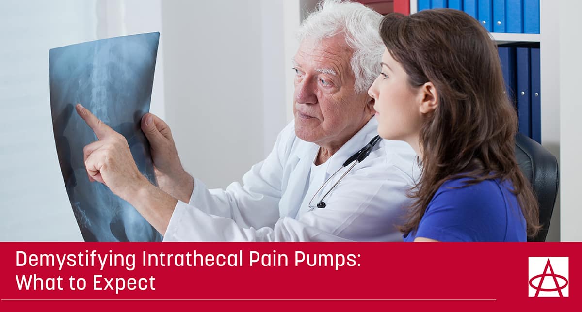 A doctor is reviewing an X-ray image with his patient and discussing the benefits of an intrathecal pain pump a caption reads demystifying pain pumps what to expect