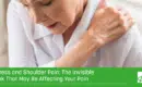 an older woman wearing a white shirt grabs her shoulder in pain
